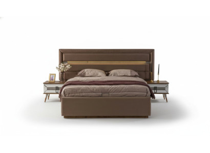 Braune Schlafgarnitur Exklusives Doppelbett 2x Holz Nachtkonsolen 3tlg