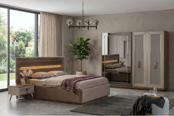 Beige Schlafzimmer Garnitur Modernes Doppelbett Glas Kleiderschrank 4tlg