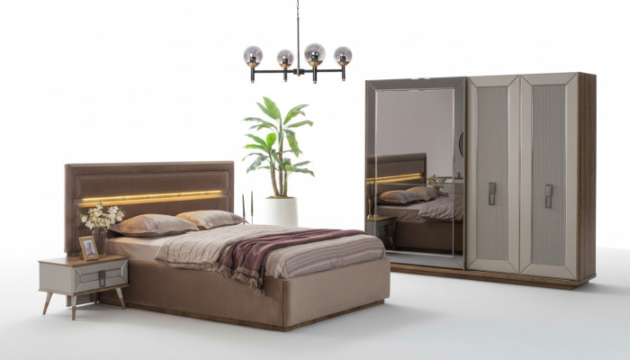 Beige Schlafzimmer Garnitur Modernes Doppelbett Glas Kleiderschrank 4tlg
