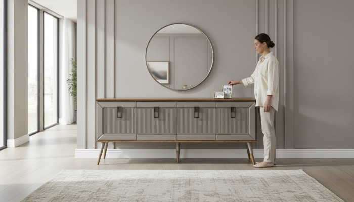 Robuste Anrichte Designer Sideboard Luxuriöser Rundspiegel Schrank 2tlg