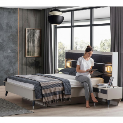 Grau-weiße Schlafzimmer Garnitur Doppelbett 2x Nachttische 3tlg Set