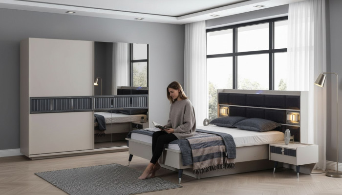 Graue Schlafzimmer Möbel Designer Bett 2x Nachttische Holz Schrank 4tlg