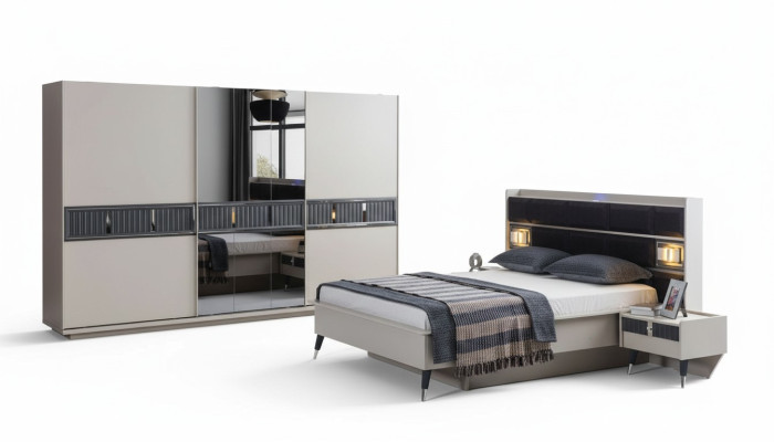Graue Schlafzimmer Möbel Designer Bett 2x Nachttische Holz Schrank 4tlg