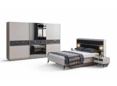 Graue Schlafzimmer Möbel Designer Bett 2x Nachttische Holz Schrank 4tlg