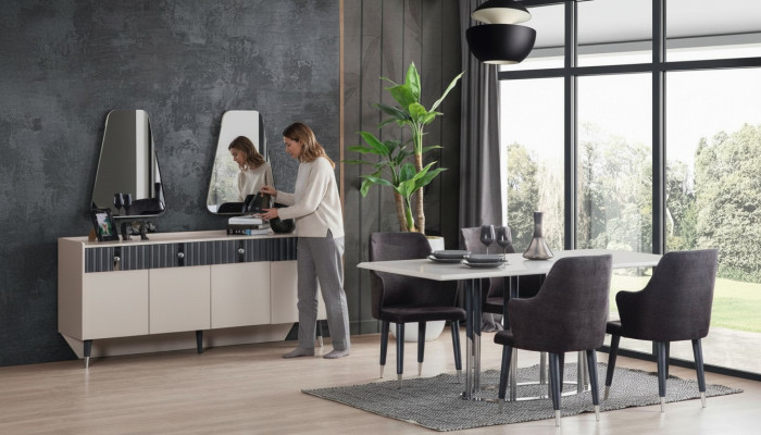 Moderne Essgruppe Rechteckiger Esstisch 6x Stühle Sideboard 2x Spiegel