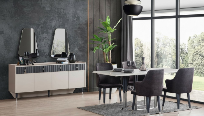 Moderne Essgruppe Rechteckiger Esstisch 6x Stühle Sideboard 2x Spiegel