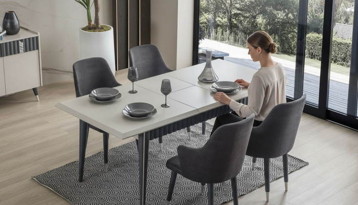 Designer Rechteckiger Weißer Esstisch 6x Graue Polster Stühle 7tlg. Set
