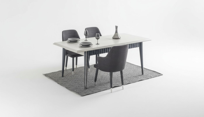 Designer Rechteckiger Weißer Esstisch 6x Graue Polster Stühle 7tlg. Set