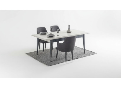 Designer Rechteckiger Weißer Esstisch 6x Graue Polster Stühle 7tlg. Set
