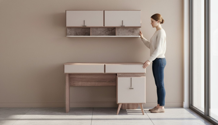 Beiger Schreibtisch Luxuriöser Bürotisch Wandschrank Computertisch Set