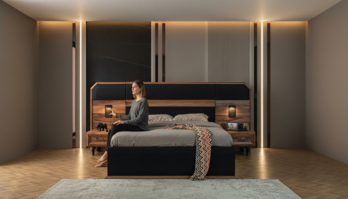 Braun-Schwarze Holz Schlafzimmer Garnitur Doppelbett 2x Nachttische 3tlg