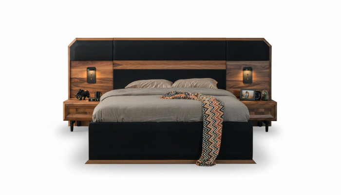 Braun-Schwarze Holz Schlafzimmer Garnitur Doppelbett 2x Nachttische 3tlg