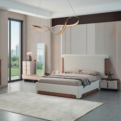 Stilvolle Beige Schlafzimmer Möbel Polster Doppelbett Schminktisch 5tlg