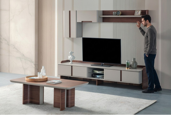 Stilvolle Wohnzimmer Wandgarnitur Designer TV-Ständer Holz Couchtisch
