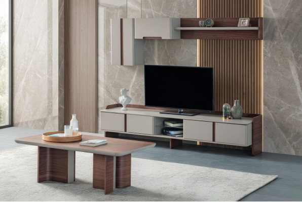Stilvolle Wohnzimmer Wandgarnitur Designer TV-Ständer Holz Couchtisch