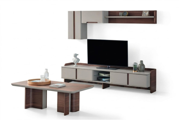 Stilvolle Wohnzimmer Wandgarnitur Designer TV-Ständer Holz Couchtisch