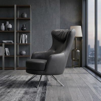 Schwarzer Ledersessel Ohrensessel Wohnzimmer Luxuriöser Einsitzer Möbel