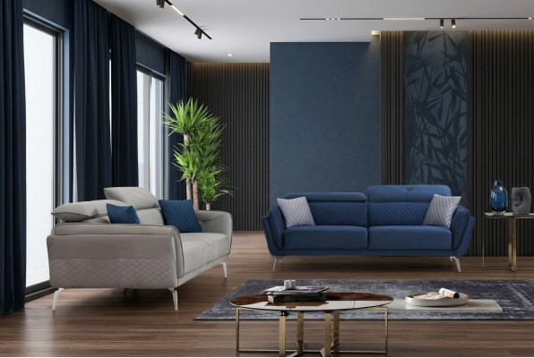 Designer Polster Couchgarnitur Blau-Graue Stoffsofas Luxus 2x 3-Sitzer