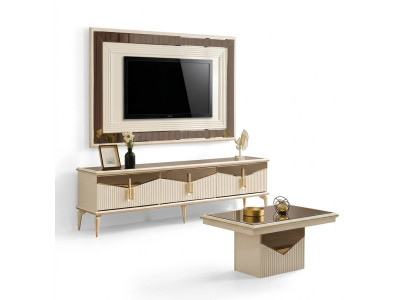 Luxus Wohnwand TV Ständer Wandpanel Wohnzimmer RTV Lowboard Gold