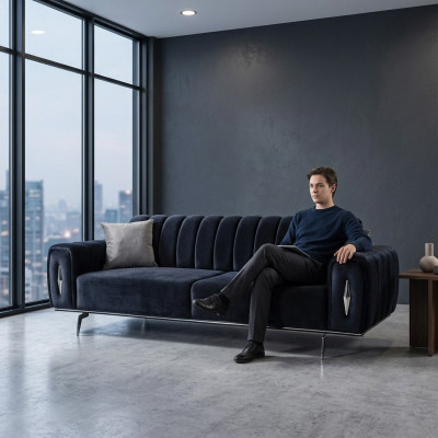 Design třímístná černá pohovka, potah ze tkaniny, 3místná pohovka