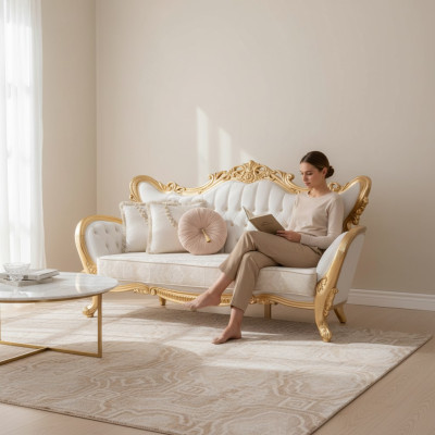 Ein luxuriöses und entspannendes Sofa im klassischen Stil mit goldenen Mustern