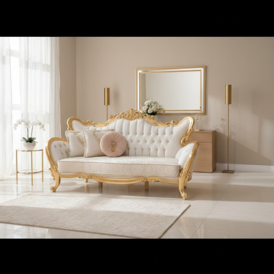 Ein luxuriöses und entspannendes Sofa im klassischen Stil mit goldenen Mustern