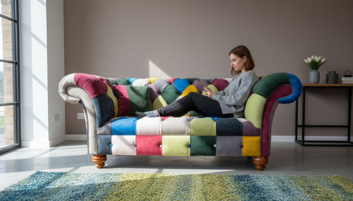 Sofa 2 Sitzer Chesterfield Textil Couch Polster Design Luxus Mehrfarbig
