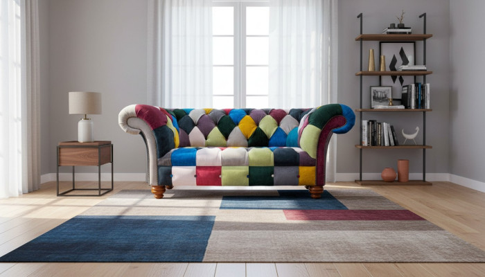 Sofa 2 Sitzer Chesterfield Textil Couch Polster Design Luxus Mehrfarbig