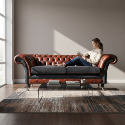 Modern Design Wohnzimmer Sofa 3 Sitzer Braun Chesterfield Couch Leder Polster Textil Neu