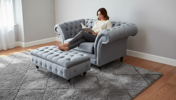 Chesterfield Ohrensessel Hocker Sessel Couch Polster Set Grau Textil