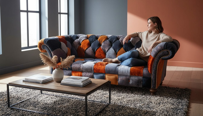 Chesterfield 3místná pohovka vyrobena z textilu sametu s luxusními polstrováními a velkým sametovým posezením.