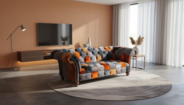 Chesterfield 3místná pohovka vyrobena z textilu sametu s luxusními polstrováními a velkým sametovým posezením.