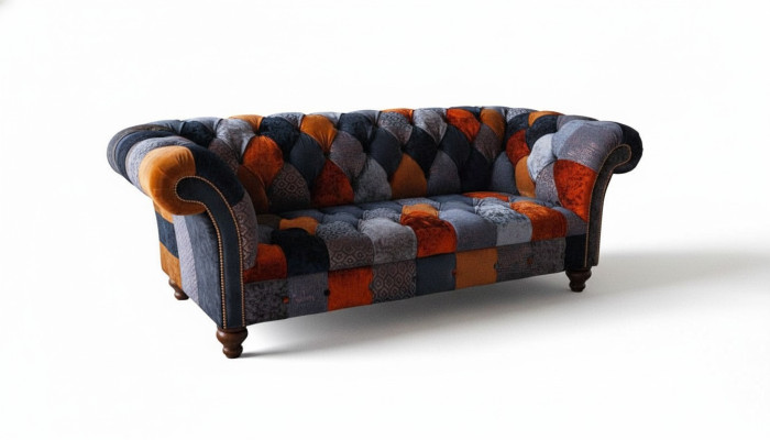 Chesterfield 3místná pohovka vyrobena z textilu sametu s luxusními polstrováními a velkým sametovým posezením.