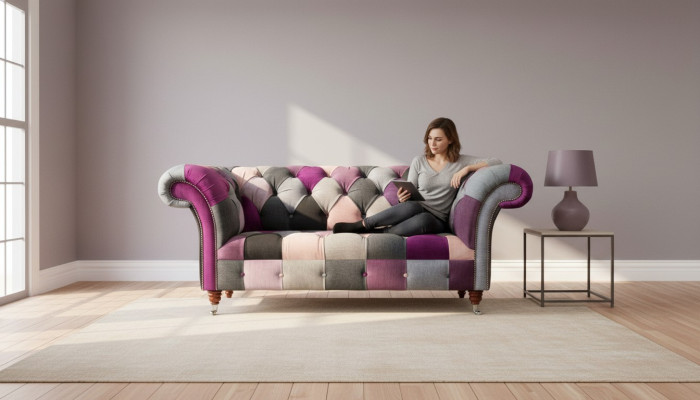 Chesterfield látková pohovka gauč potah design 2místná textilní sedací soupravy šedá.