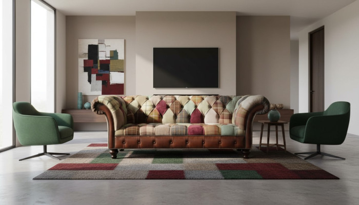 Farbenfrohes Designer-Sofa im Chesterfield-Design mit drei Sitzplätzen