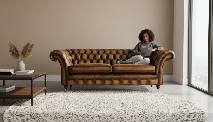 Hnědá pohovka 3místná pohovka designu Chesterfield polstrování kůží Nová