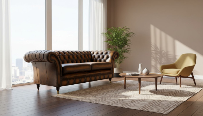 Hnědá pohovka 3místná pohovka designu Chesterfield polstrování kůží Nová