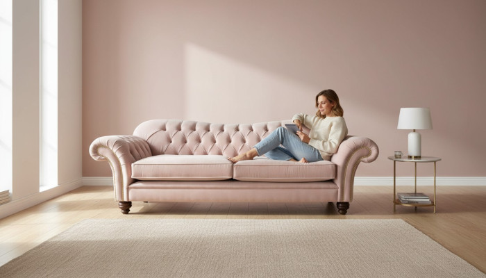 Sofa 3 Sitzer Chesterfield Couch Sitz Textil Stoff Couchen Rosa Polster