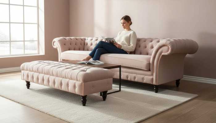 Luxusní, růžová čtyřmístná pohovka v designu Chesterfield, včetně podsedáků.