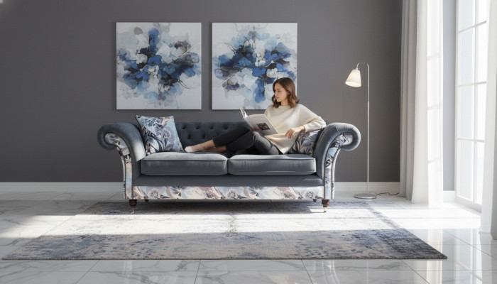 Ein auffälliges Dreisitzer-Sofa im Chesterfield-Design mit zarter grauer Blumendekoration