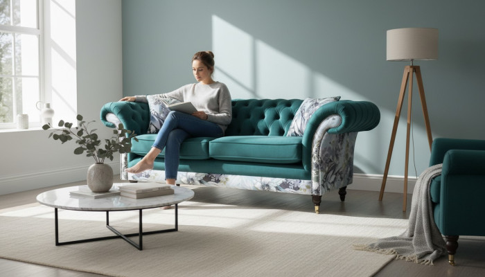 Ein lebhaftes Dreisitzer-Sofa aus Chesterfield in einer zarten Smaragdfarbe mit Blumenmuster