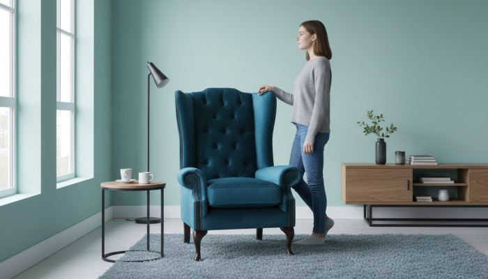 Šedá křeslo s ušima Chesterfield design čalouněný textilní obývací pokoj.