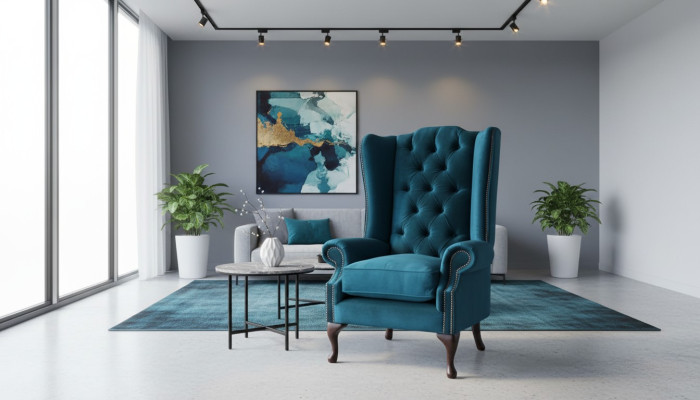 Šedá křeslo s ušima Chesterfield design čalouněný textilní obývací pokoj.