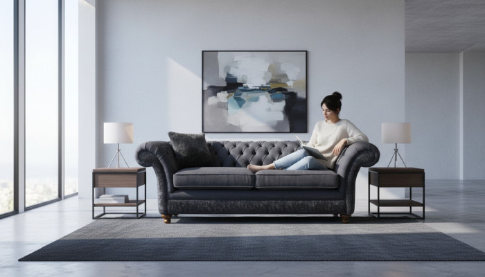 Sofa 3 Sitzer Couch Textil Sofa Grau Design Möbel Sofas Couchen Chesterfield