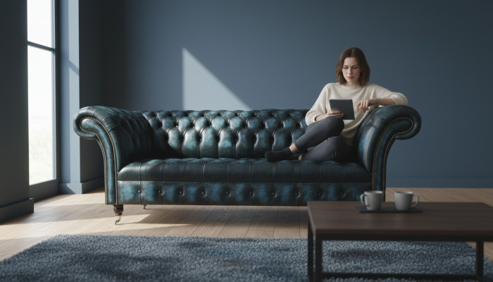 Klassischer 3 Sitz Couch Polster Sitz Chesterfield Textil Leder Blau