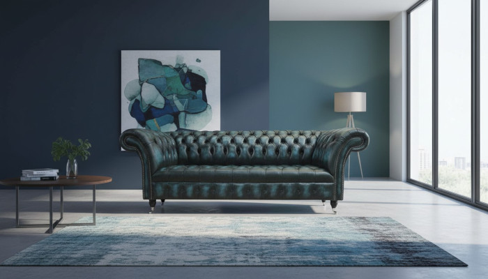 Klassischer 3 Sitz Couch Polster Sitz Chesterfield Textil Leder Blau