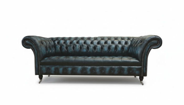 Klassischer 3 Sitz Couch Polster Sitz Chesterfield Textil Leder Blau
