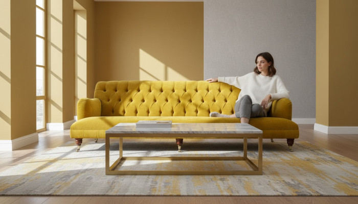 Design Chesterfield Chesterfield Textil Gelb 5 Sitzer Couch Polster Neu
