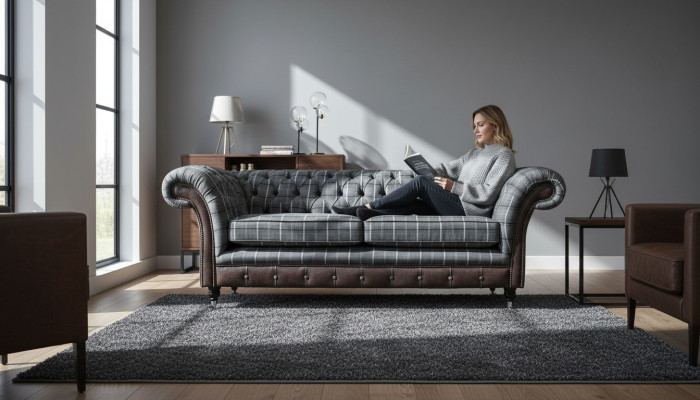 Sofa 3 Sitz Sofas Textil Couchen Design Möbel Dreisitzer Grau Chesterfield
