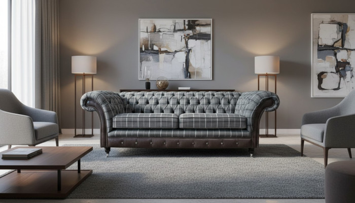 Sofa 3 Sitz Sofas Textil Couchen Design Möbel Dreisitzer Grau Chesterfield